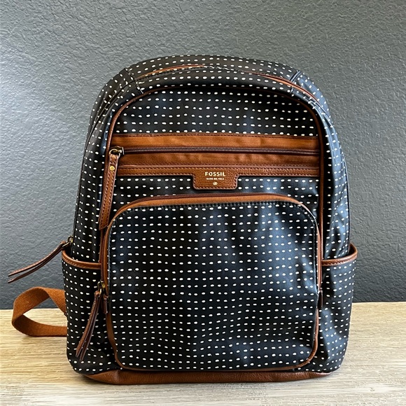 Fossil Handbags - Fossil Black and White Polka Dot Backpack with Brown Accents